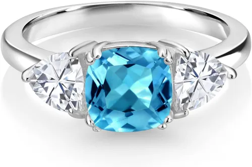 Miniatura 44 de 925 Sterling Silver Gemstone Birthstone and White Moissanite 3-Stone Engagement Ring for Women 7MM Cushion and 5MM Trillion Accents Three Stone