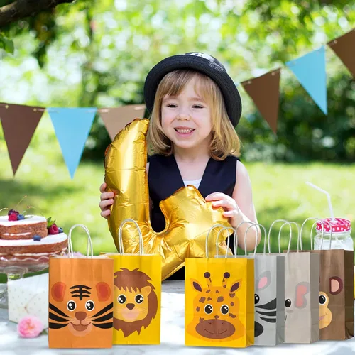 Miniatura 6 de kulusion Paquete de 18 bolsas de dulces de animales de safari para fiesta de cumpleaños con asas, suministros de fiesta temática de selva, bolsas
