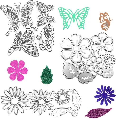 AFUNTA Herramienta de plantillas de troquelado de metal, 2 juegos de hojas de flores, 14 estilos, plantillas 3D troqueladas y 4 troqueles de corte