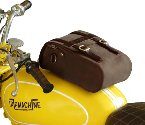 Miniatura 13 de Bolsa de tanque magnética de cuero genuino para motocicleta de Trip Machine Company con montaje en asiento trasero y cola, con correa para el hombro