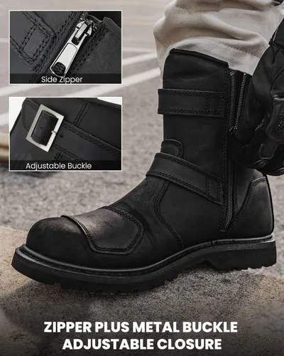 Miniatura 3 de ILM Botas de cuero para motocicleta, calzado protector con cremallera lateral, botas de motocross para combate, táctico, senderismo, hombres