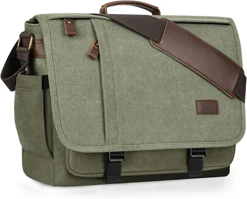 Miniatura 10 de ESTARER Bolsa de mensajero para laptop de 13 a 14 pulgadas, resistente al agua, bolsa de hombro de lona para universidad de negocios, gris