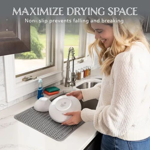 Miniatura 3 de Oizeir Tapete de silicona para secar platos, agujero de drenaje, antideslizante, resistente al calor, plegable. Ideal para platos, fregadero de Gris