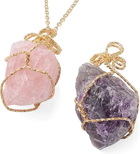 Shop LC - Collares de cristal Juego de collar de piedras preciosas crudas de amatista curativa y cuarzo rosa, fluorita y cristal blanco, citrino y
