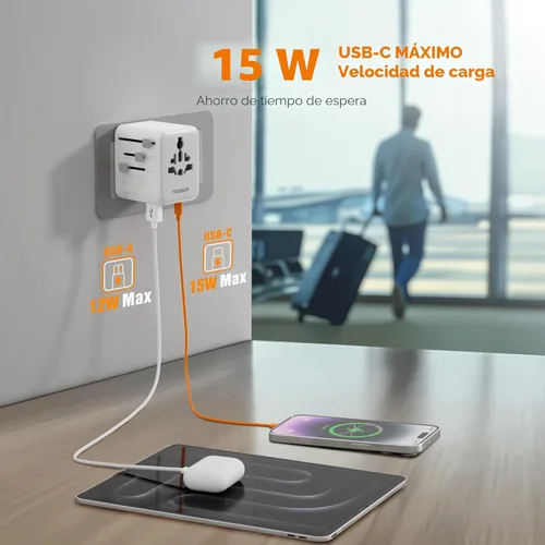 Miniatura 3 de TESSAN Adaptador de viaje universal de 28 W, adaptador de corriente internacional con 3 puertos de carga USB C 2 USB A, adaptador de enchufe mundial