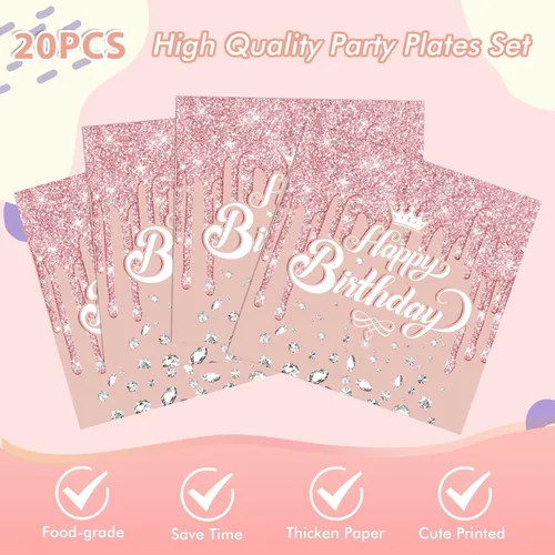 Miniatura 5 de 41 piezas de decoración de fiesta de cumpleaños de oro rosa - Suministros de tema rosa y oro - Incluye 20 platos, 20 servilletas y 1 mantel