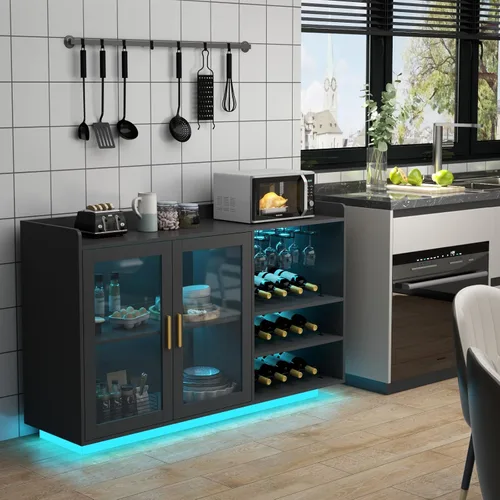 Miniatura 8 de Gabinete de barra de vino Loomie con luces LED, barra de café flotante con estante de vidrio y estantes de vino removibles, aparador buffet moderno