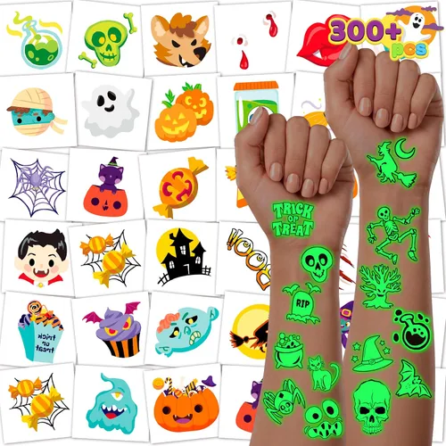JOYIN 306 tatuajes de Halloween para niños, tatuajes temporales brillantes en varios diseños a granel para niños, regalos de dulce o truco,