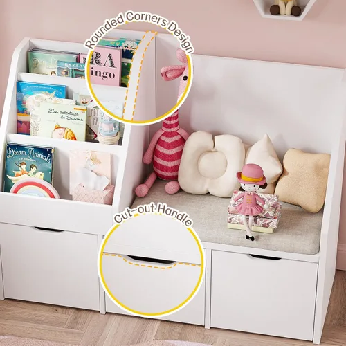 Miniatura 5 de Rincón de lectura para niños de 40 pulgadas con banco, organizador de almacenamiento de juguetes y estantería con cojín de asiento, estantería