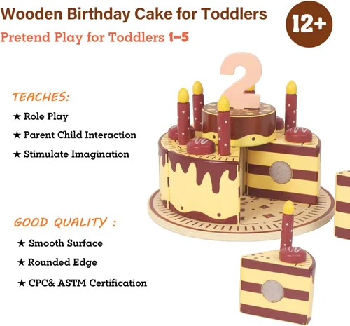 Miniatura 4 de Comida de juego de simulación para niños pequeños de 2 a 5 años, pastel falso de cumpleaños de madera con velas y números, fiesta de té, juguetes