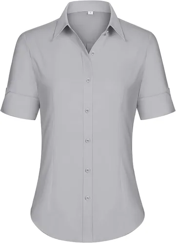 Miniatura 15 de siliteelon Camisas de vestir de manga corta con botones para mujer, camisas de algodón con botones para mujer, blusa ajustada de manga 3/4