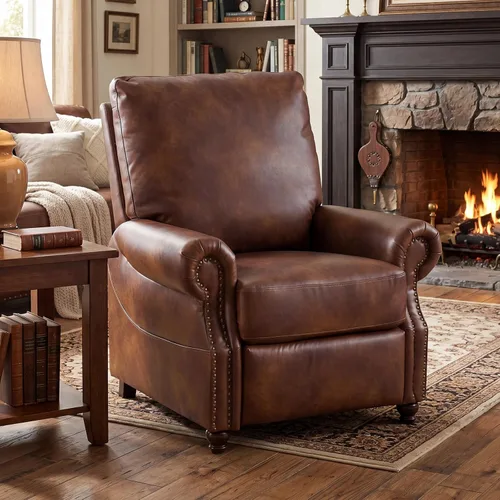 Sillón reclinable con masaje y calefacción, silla reclinable de cuero transpirable con respaldo sobrerelleno y decoración de remaches, sofá Marrón
