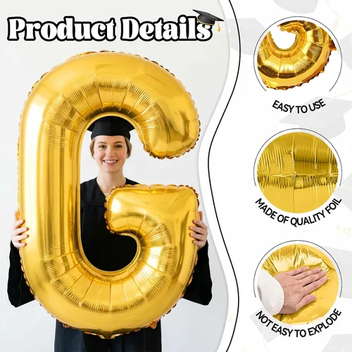 Miniatura 3 de Biapian Globos dorados de 40 pulgadas, 4 piezas de decoraciones de graduación, pancarta grande de graduación dorada, globos de aluminio para fiesta