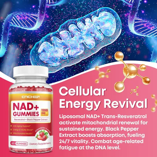 Miniatura 5 de Gomitas NAD+, suplemento liposomal NAD de 1200 mg para mujeres y hombres con trans-resveratrol y extracto de pimienta negra, suplemento