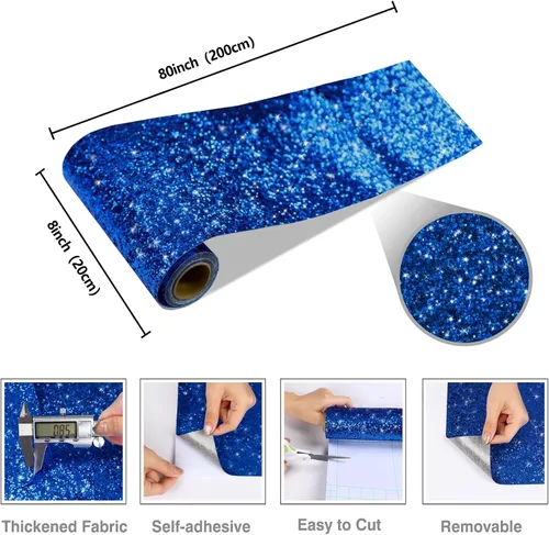 Miniatura 8 de CRE8TIVE Papel tapiz con purpurina gruesa, para despegar y pegar, color azul, para dormitorio, lentejuelas brillantes, borde de pared, papel