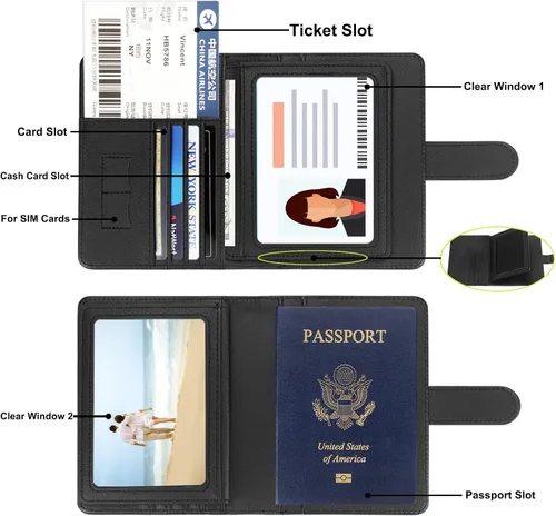 Miniatura 3 de Cartera de pasaporte de piel sintética para pasaporte, RFID impermeable, carteras esenciales para vacaciones, pasaporte, carteras de viaje