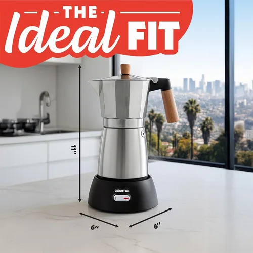 Miniatura 9 de Gourmia Cafetera eléctrica Moka Pot Espresso – Cafetera de estilo italiano de 6 disparos, base inalámbrica desmontable de 360 ° de 550 W, aluminio