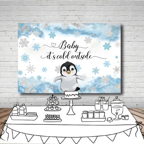 Miniatura 4 de MEHOFOND Telón de fondo de invierno para baby shower de pingüino de 7 x 5 pies para niños, bebé hace frío afuera, fondo de acuarela azul, animales
