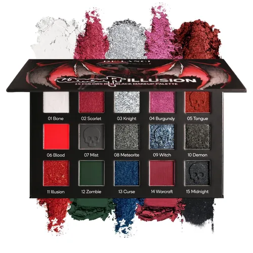 Paleta de sombras de ojos roja y negra, maquillaje gótico rojo de Halloween | Paleta de sombras de ojos negra con brillo plateado y purpurina, crema