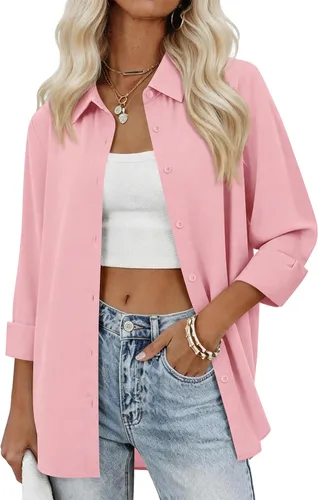 Miniatura 12 de siliteelon Camisas con botones para mujer, camisas de vestir sólidas, de manga larga, cuello fluido, para trabajo, oficina, negocios, blusas de gasa