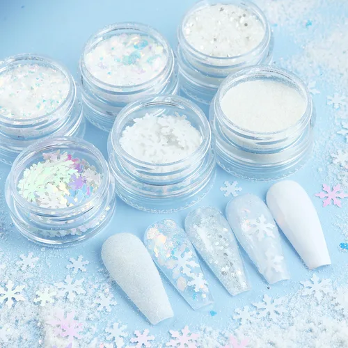 Miniatura 3 de Polvo blanco con purpurina para uñas, copos de nieve, lentejuelas para uñas, 6 frascos, copos de nieve de invierno, kit de polvo para decoración