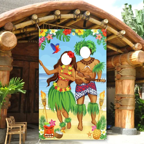 Miniatura 6 de Frienda Luau - Cartel de fotos para puerta de pareja, decoración de fiesta hawaiana de Tiki Luau, accesorios de fotos de Aloha Tiki para reunirse
