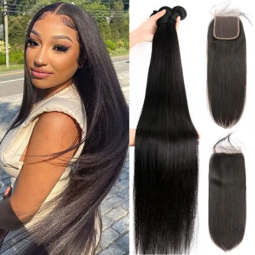 Miniatura 12 de YISEA Paquetes de cabello humano liso con cierre de encaje (12 14 16+10 cierre) Paquetes de cabello humano 3 con cierre de encaje 4x4 100%