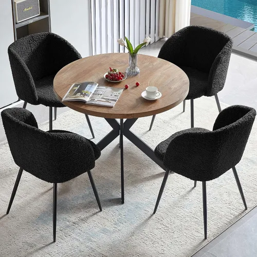 Miniatura 9 de NORDICANA Juego de mesa de comedor y sillas de 3 piezas, juego de mesa redonda de madera de ingeniería de 37 pulgadas con sillones de sherpa Negro