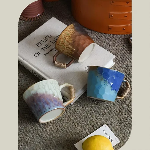 Miniatura 7 de Taza única de estilo vintage japonés retro primitivo, hecha a mano en cerámica con barniz libre de plomo, taza de té artesanal, cómoda asa, taza