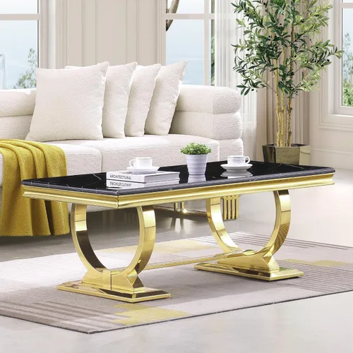 Miniatura 11 de Asday Mesa de centro dorada y blanca, mesa de centro rectangular de mármol dorado, mesa central elegante de lujo para sala de estar, pasillo