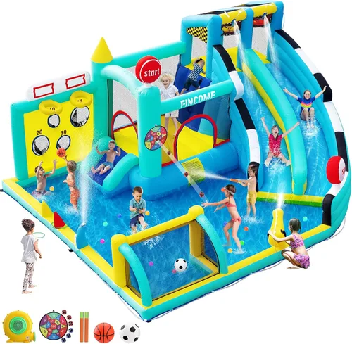 Miniatura 9 de FINCOME Bounce House - Tobogán doble para niños de 3 a 10 años, castillo de rebote grande con soplador de aire de 550 W, piscina, salto, escalada