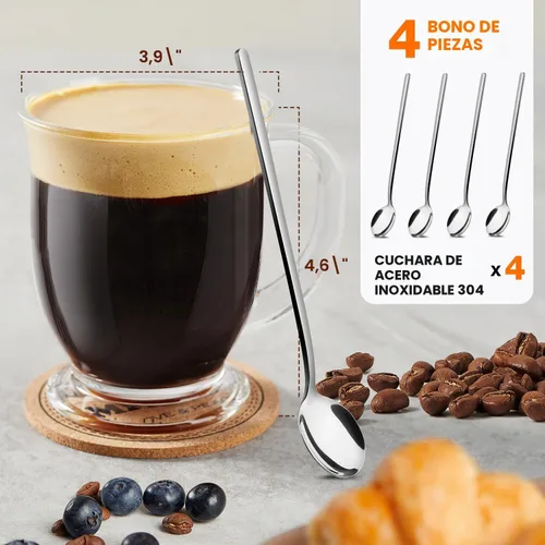 Miniatura 2 de Mfacoy Juego de 4 tazas de café de vidrio, taza de café grande transparente de 15 onzas con asas para bebidas calientes, tazas transparentes