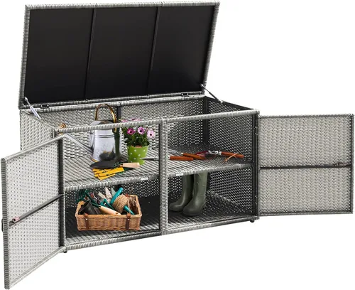 Miniatura 9 de HAPPYGRILL Caja de almacenamiento de mimbre para exteriores, caja de almacenamiento de mimbre para patio, 88 galones, caja de almacenamiento