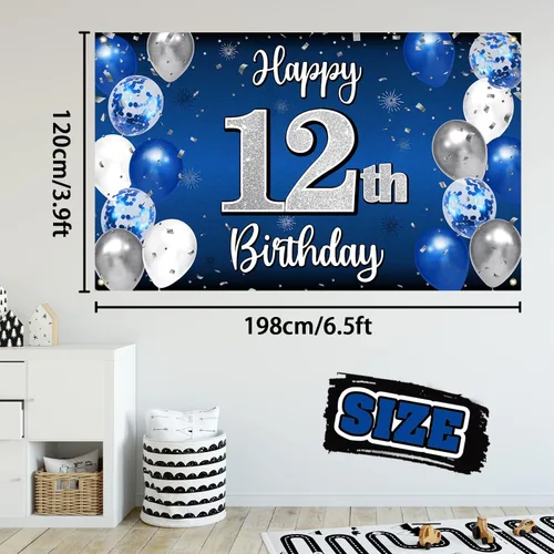 Miniatura 2 de Decoraciones de Feliz 12º Cumpleaños, Globo Azul y Plateado Grande Pancarta de Fondo de Cumpleaños, Salud por Doce Años Suministros para Fiesta