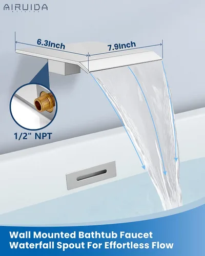 Miniatura 3 de Airuida Grifo de Bañera de Montaje en Pared con Caño de Cascada para Bañera, Grifo de Bañera Montado en la Pared con Ducha de Mano, Mango Único