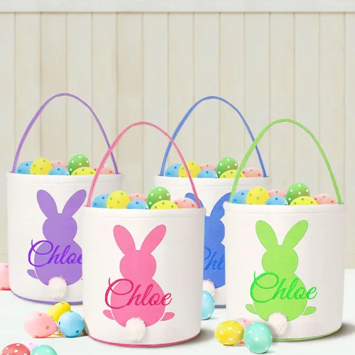 Miniatura 6 de Cesta de lona de Pascua personalizada con asa, cubo de huevo y conejo, color azul