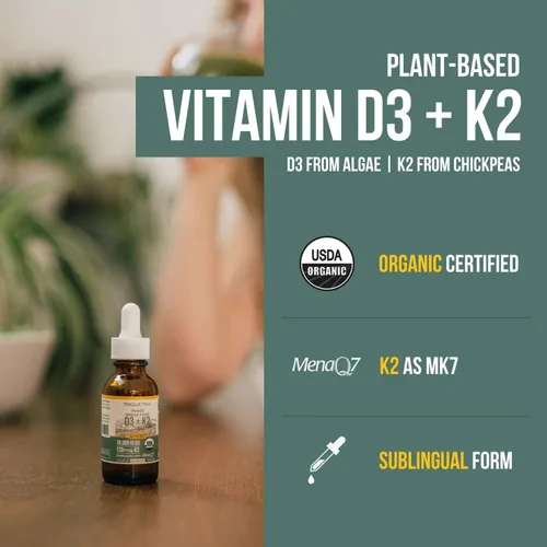 Miniatura 2 de Vitamina D3 K2 orgánica de plantas 10000 iu - MK7 All-Trans de MenaQ7 (120 mcg K2) - Gotas sublinguales D3 10,000 iu (colecalciferol) 100% orgánicas