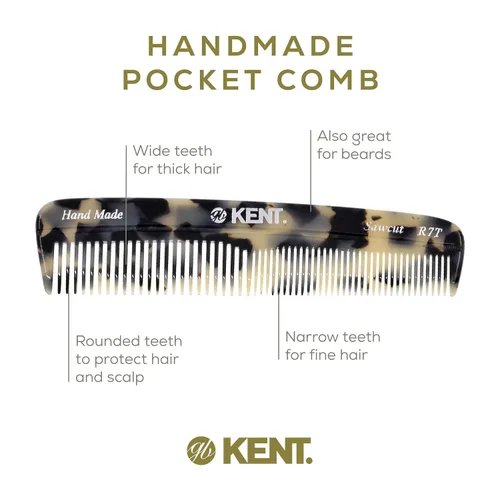 Miniatura 4 de Kent R7T TW Peine de bolsillo hecho a mano para hombres, peine de dientes finos y anchos, peines para barba y bigote para el aseo y peinado diario
