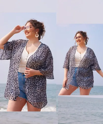 Miniatura 2 de CARCOS Plus Size Cardigan for Women Solid ColorStarPlaidStriped Open Front Tops XL-5XL