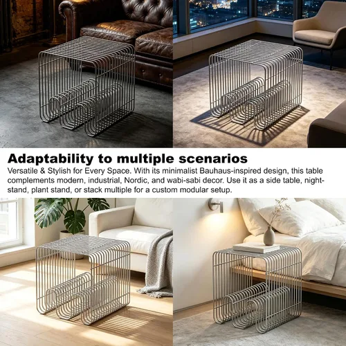 Miniatura 5 de Mesa auxiliar retro, mesita de noche decorativa para sala de estar, mesa auxiliar pequeña de metal lineal de acero inoxidable, estante de escritorio