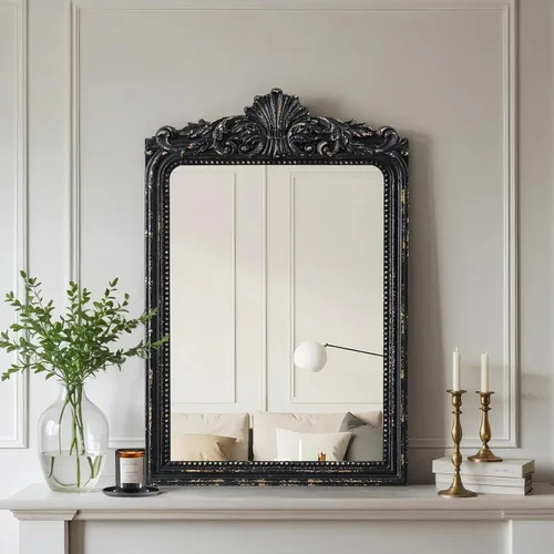 Miniatura 3 de Espejo vintage negro para tocador de 24 x 36 pulgadas, para colgar en la pared, espejos góticos de madera envejecida con detalles de cuentas, espejo