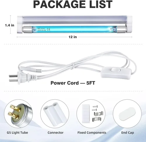 Miniatura 9 de COOSPIDER Lámpara de luz U/V/C de 6 W, lámpara desinfectante de 253.7 nm con cable de interruptor de encendido/apagado de 5 pies y enchufe, bombilla