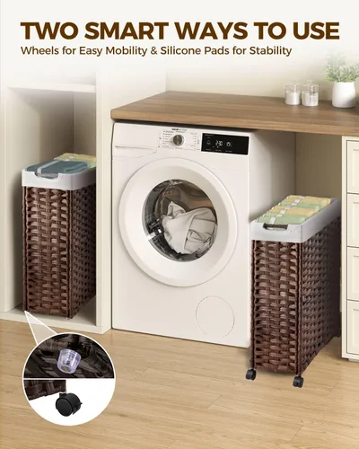 Miniatura 2 de GREENSTELL - Cesta de ropa con ruedas, 45 l (11.9 galones), cesto pequeño de ratán para ropa con 2 bolsas extraíbles y 2 bolsas de malla, cesto