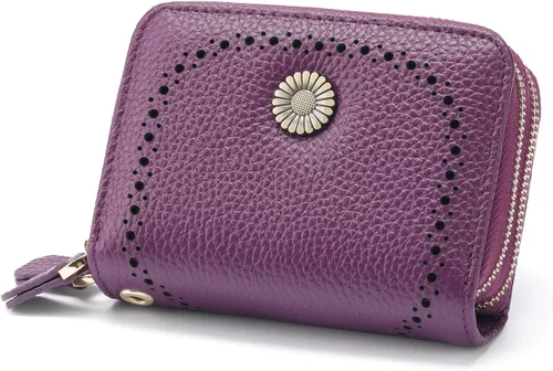 Miniatura 12 de GOIACII Cartera con tarjetero RFID para mujer, pequeña cartera de piel auténtica con 2 cremalleras