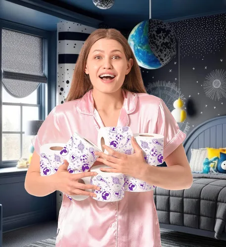 Miniatura 7 de Printed TP Papel higiénico de baño de 2 capas con patrón espacial, rollo de papel higiénico morado novedoso, divertido papel higiénico