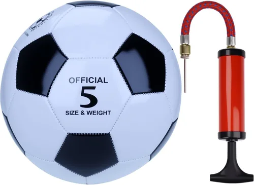 Miniatura 5 de Balón de fútbol clásico en blanco y negro con inflador, piel sintética cosida a máquina, pelota de entrenamiento y partido duradera, tamaños 3, 4