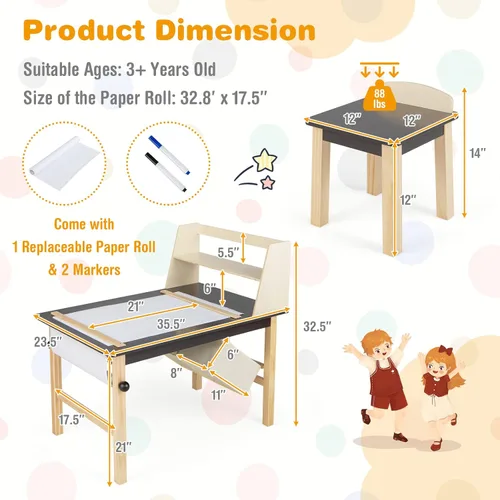 Miniatura 8 de Costzon Juego de mesa y silla de arte para niños, mesa de actividades de madera y 2 taburetes con rollo de papel, 2 marcadores, 2 cubos