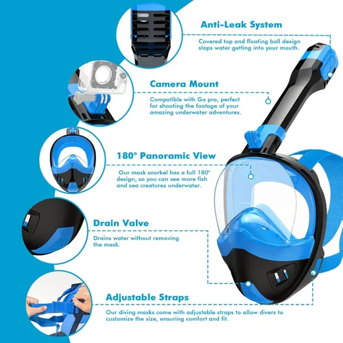 Miniatura 3 de Full Face Snorkel Mask, Snorkeling Gear for Adults Kids with Latest Dry Top Breathing System and Detachable Camera Mount, with 180 Degree Panoramic