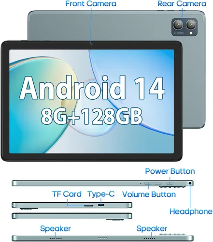 Miniatura 7 de Tablet Android de 10.1 pulgadas, tabletas Android 14 con 128GB+8 (4+4 expandir) GB, 2.4+5G WiFi Tablet PC con pantalla táctil FHD IPS, cámara dual