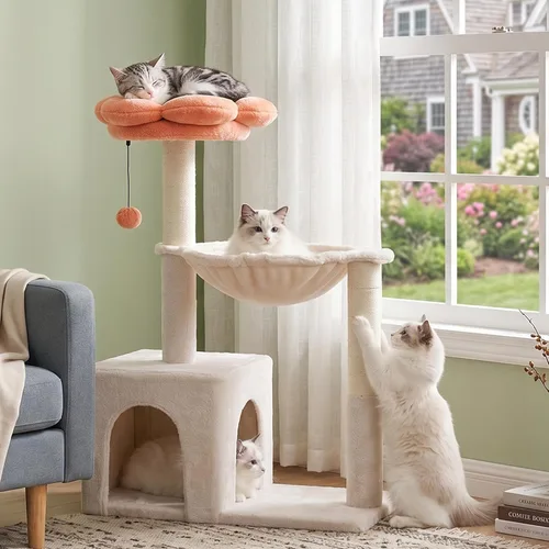 Miniatura 7 de Árbol de flores para gatos con 34 postes rascadores para gatos grandes, con hamaca grande de 15.7 pulgadas, cama superior extraíble y condominio